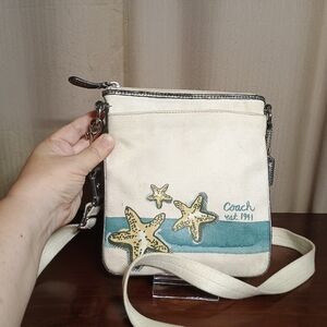 Coach Beach Starfish Canvas & Silver Leather Accent Crossbody